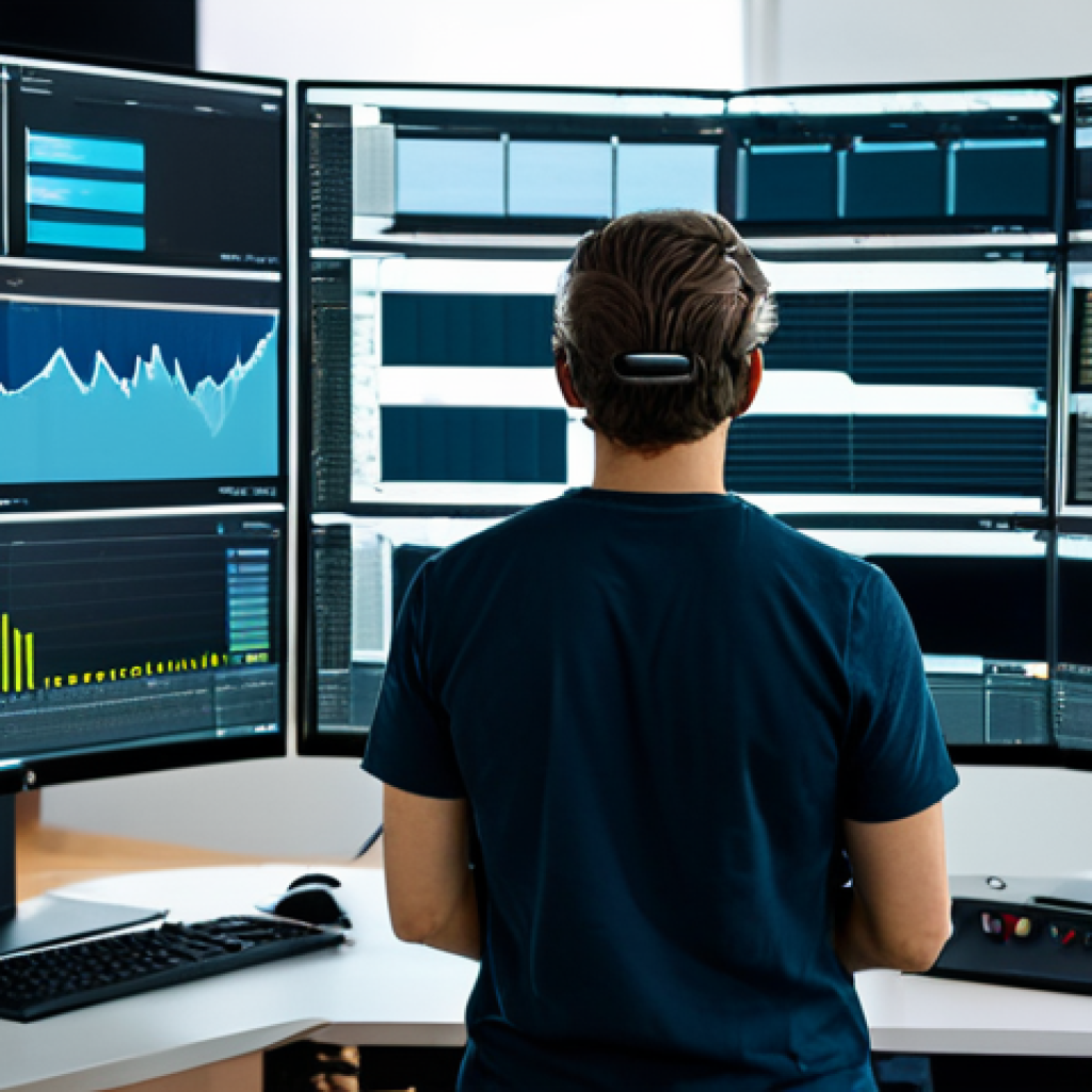 A focused media professional, fully clothed in modest, contemporary business attire, intently operating a multi-screen workstation in a modern, well-lit media production studio. One screen displays advanced video editing software interfaces, another shows data visualizations related to content consumption, and a third subtly hints at immersive AR/VR elements. High-tech camera equipment and professional audio gear are visible in the background, signifying expertise in production tools. The environment is clean and professional, emphasizing innovation and technological mastery. safe for work, appropriate content, fully clothed, professional, perfect anatomy, correct proportions, natural pose, well-formed hands, proper finger count, natural body proportions.