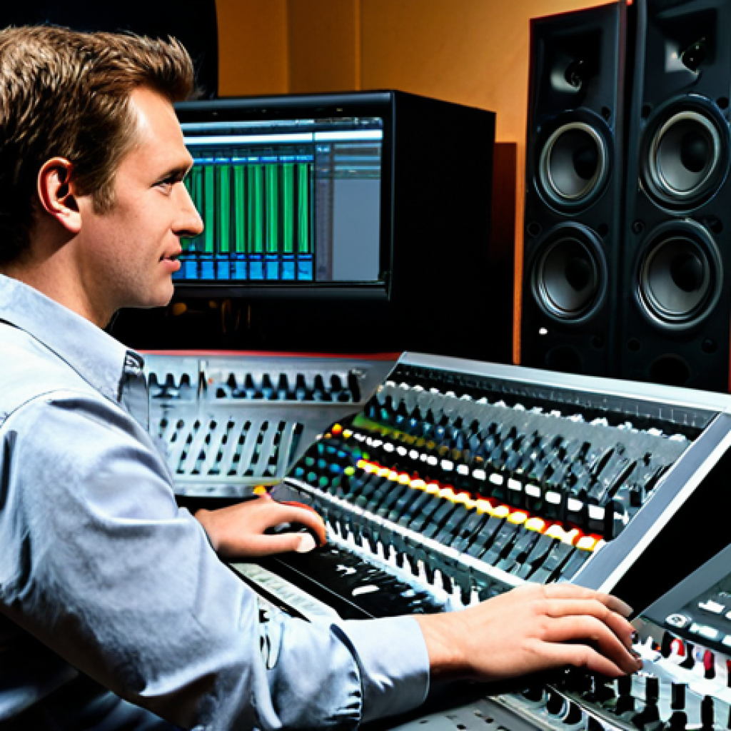 Audio Production Desk**

"A professional audio engineer, fully clothed in appropriate attire, working at a well-organized audio production desk. The desk features an Avid Pro Tools interface, mixing console, and studio monitors. The room is a modern, soundproofed recording studio with acoustic panels. Focus on the engineer's concentration and expertise. Perfect anatomy, correct proportions, well-formed hands. Safe for work, appropriate content, professional, family-friendly, high quality."

**