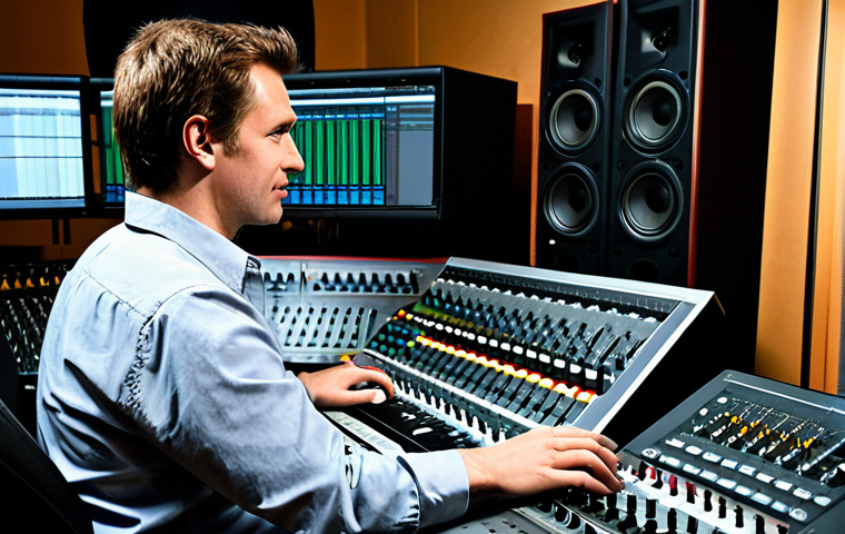 Audio Production Desk**
"A professional audio engineer, fully clothed in appropriate attire, working at a well-organized audio production desk. The desk features an Avid Pro Tools interface, mixing console, and studio monitors. The room is a modern, soundproofed recording studio with acoustic panels. Focus on the engineer's concentration and expertise. Perfect anatomy, correct proportions, well-formed hands. Safe for work, appropriate content, professional, family-friendly, high quality."
**