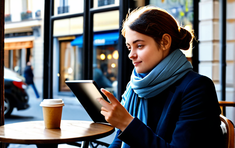 미디어기술사와 방송 기술의 발전 - Streaming Revolution**
"A young Parisian sitting at a cafe table, using a tablet to stream a movie....