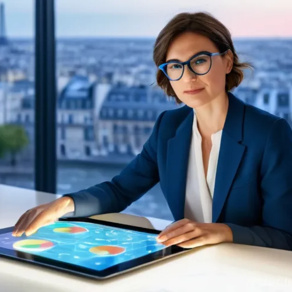 미디어기술사와 미디어 산업의 미래 - **A sophisticated French female journalist**, mid-30s, with elegant short brown hair and stylish gla...