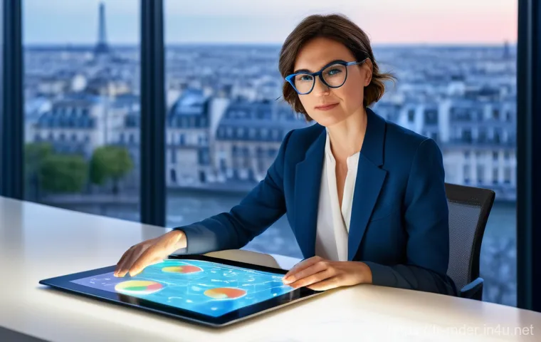미디어기술사와 미디어 산업의 미래 - **A sophisticated French female journalist**, mid-30s, with elegant short brown hair and stylish gla...
