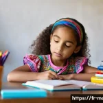 미디어기술사 취득 후 승진 사례 - **Prompt:** A young girl, around 7 years old, is sitting at a table doing her homework. She's wearin...