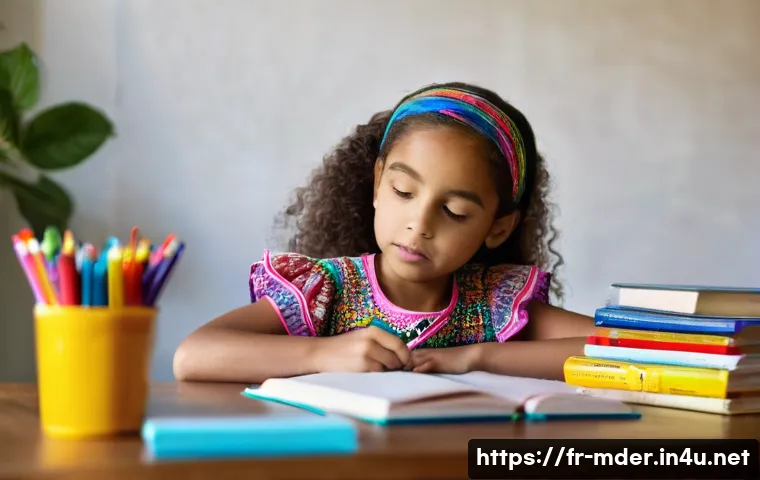 미디어기술사 취득 후 승진 사례 - **Prompt:** A young girl, around 7 years old, is sitting at a table doing her homework. She's wearin...