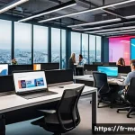 미디어기술사와 기술 정책 분석 - A dynamic digital newsroom scene set in a modern Parisian media office, showing diverse journalists ...