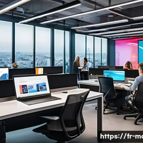 미디어기술사와 기술 정책 분석 - A dynamic digital newsroom scene set in a modern Parisian media office, showing diverse journalists ...
