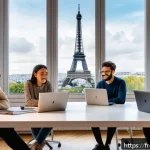 미디어기술사와 기술 창업 - A modern startup office scene in Paris, featuring a diverse team of young professionals collaboratin...