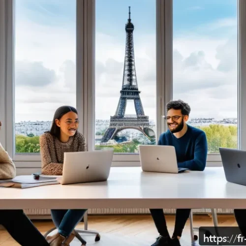 미디어기술사와 기술 창업 - A modern startup office scene in Paris, featuring a diverse team of young professionals collaboratin...