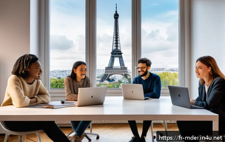 미디어기술사와 기술 창업 - A modern startup office scene in Paris, featuring a diverse team of young professionals collaboratin...